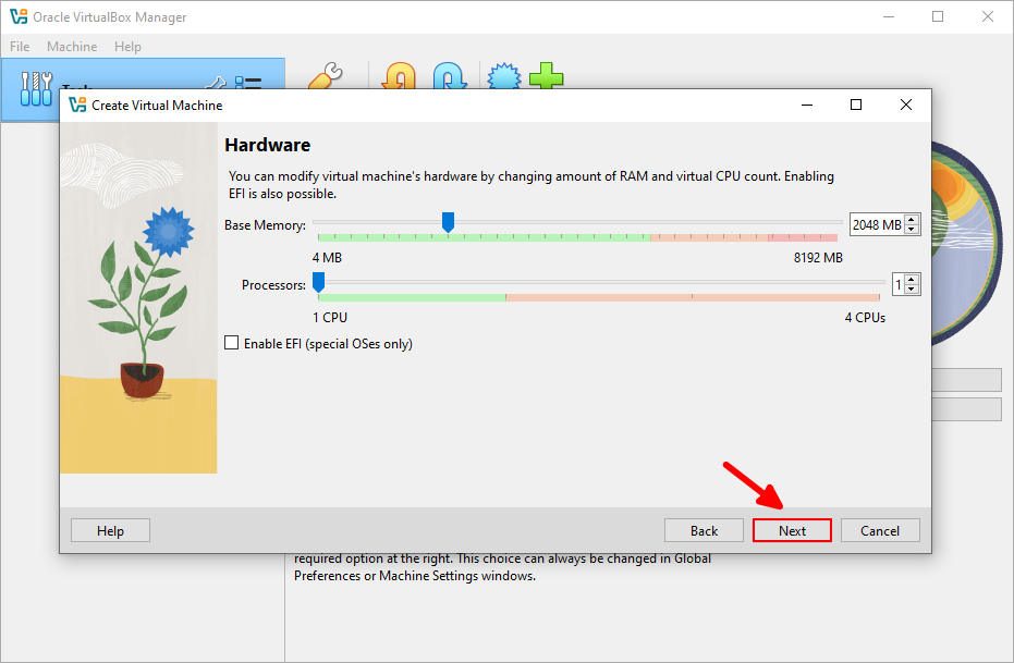 تحديد حجم مساحة الذاكرة و عدد أنوية المعالج في الجهاز الوهمي في VirtualBox