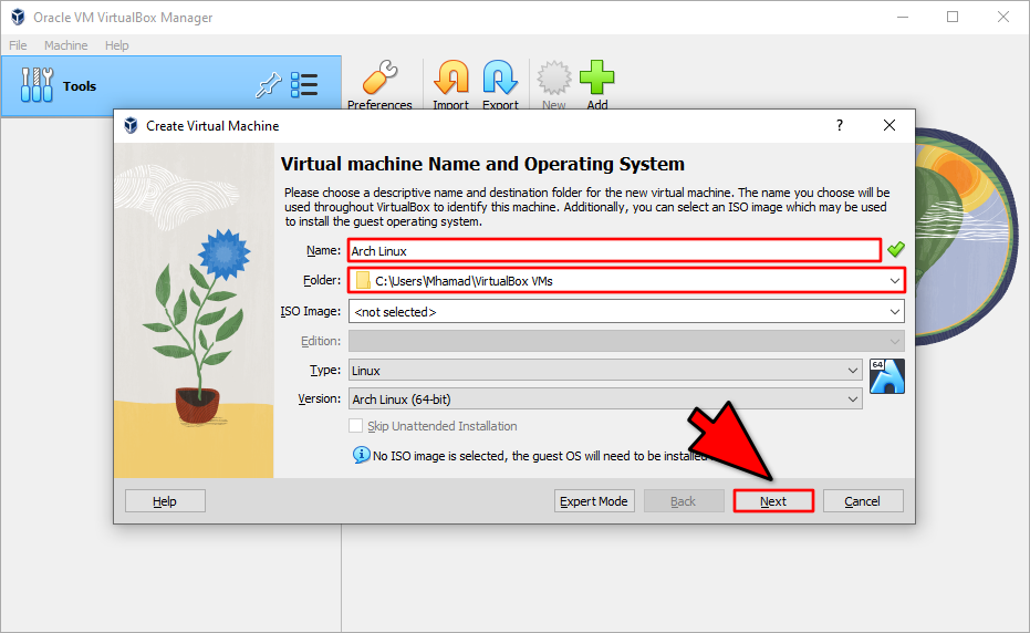 إضافة جهاز وهمي في VirtualBox