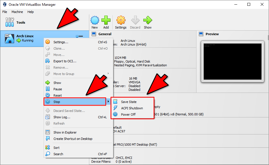 إغلاق الجهاز الوهمي من VirtualBox